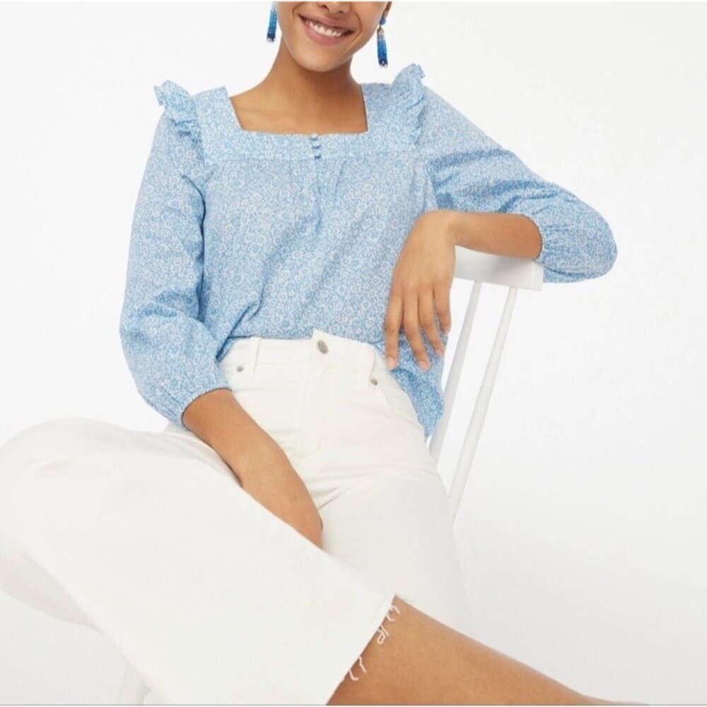 J.Crew Blue Cotton Floral Squareneck Ruffle Top peasant Cottage Core Cottagecore - Picture 4 of 12